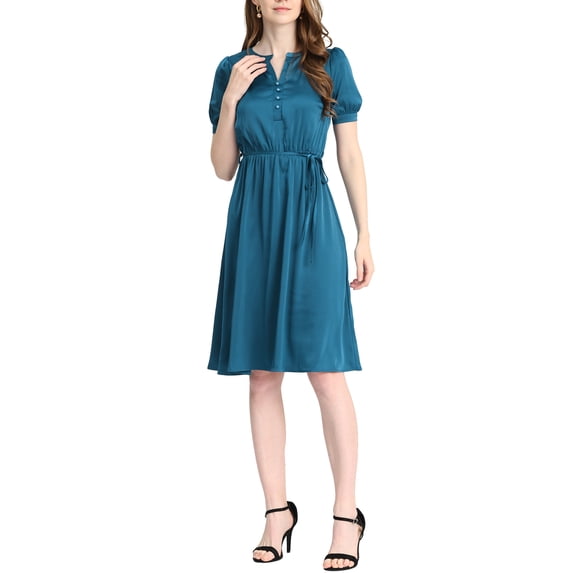 INSPIRE CHIC Women's Satin Midi Dress V Neck Short Sleeve A-Line Belted Midi Dresses Peacock Green M