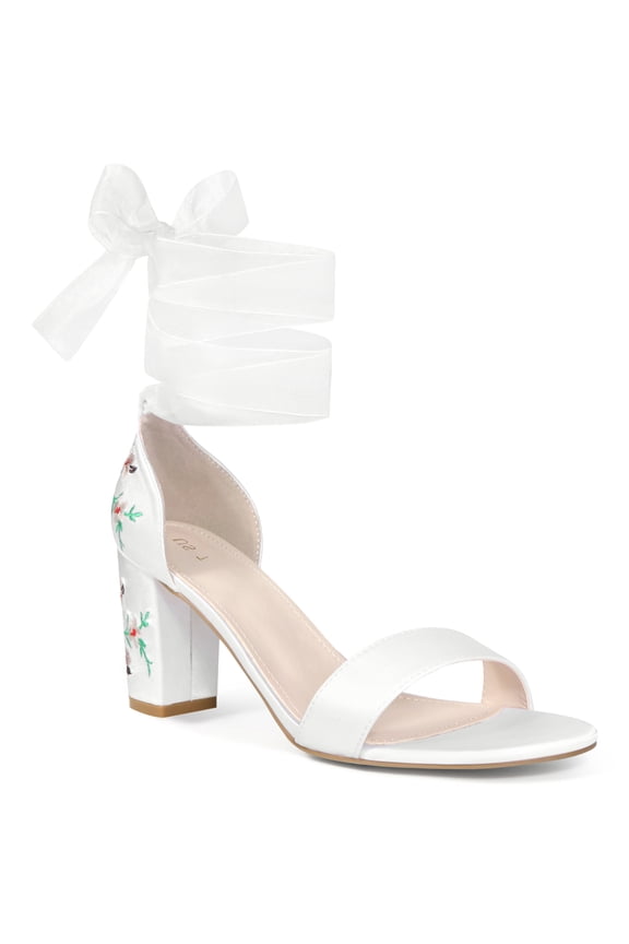 Women's Satin Floral Print Block Heel Sandals White 9