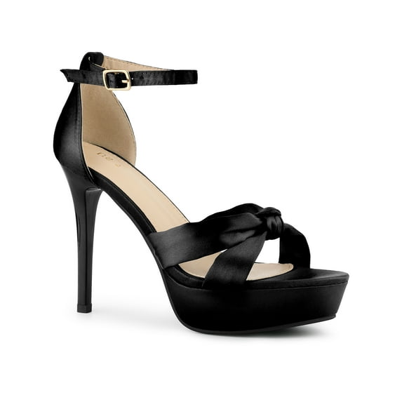 BLISSFUL STEP Women's Satin Knot Platform Stiletto Heel Sandals Black 10