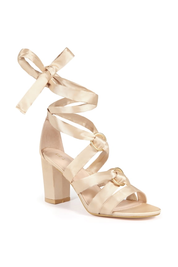 Women's Satin Lace Up Chunky High Heel Sandals Champagne 7