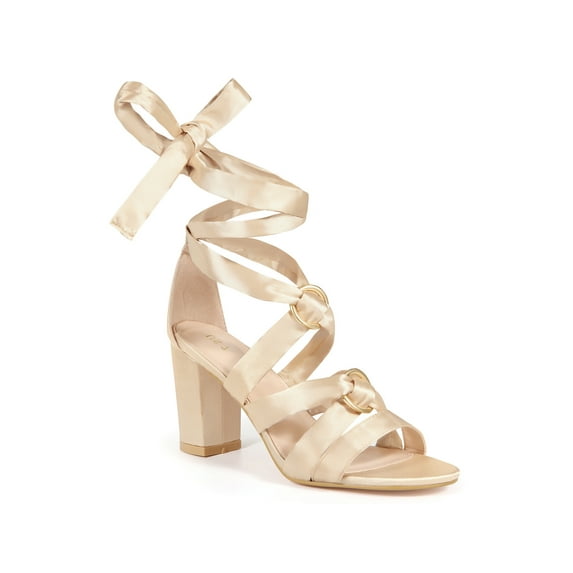 BLISSFUL STEP Women's Satin Lace Up Chunky High Heel Sandals Champagne 9.5
