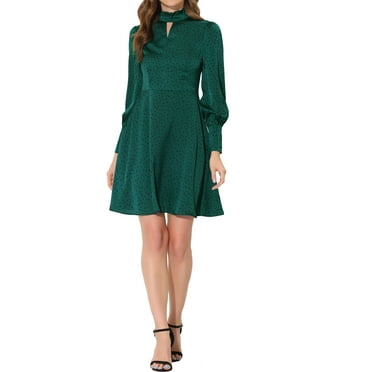 Allegra K Women's Satin Long Sleeve A-Line Polka Dots Dress