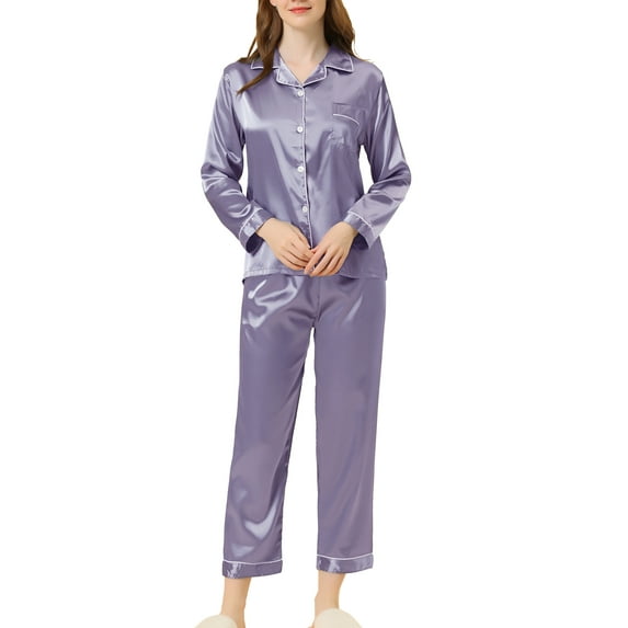 INSPIRE CHIC Women's Satin Lounge Set Long Sleeve Button Down Shirts with Pants Silky Pajamas M Purple 2