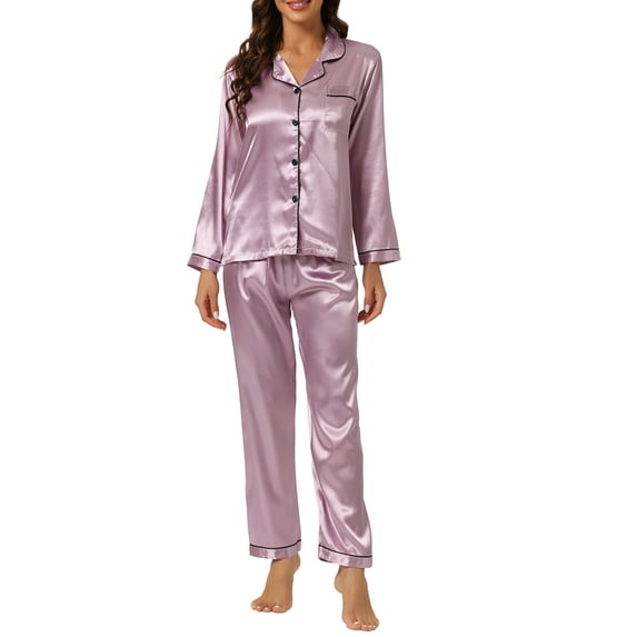 INSPIRE CHIC Women's Satin Lounge Set Long Sleeve Button Down Shirts with Pants Silky Pajamas XL Light Purple