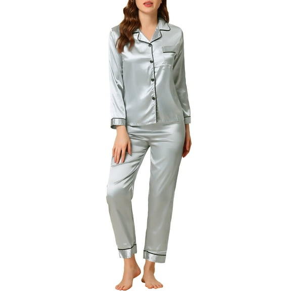 INSPIRE CHIC Women's Satin Lounge Set Long Sleeve Button Down Shirts with Pants Silky Pajamas XS Grey