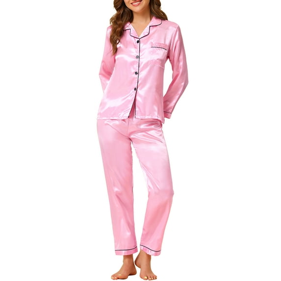 INSPIRE CHIC Women's Satin Lounge Set Long Sleeve Button Down Shirts with Pants Silky Pajamas XS Pink