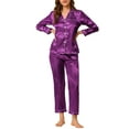 thumbnail image 1 of INSPIRE CHIC Women's Satin Lounge Set Long Sleeve Button Down Shirts with Pants Silky Pajamas XS Purple, 1 of 7