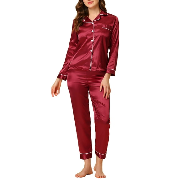 INSPIRE CHIC Women's Satin Lounge Set Long Sleeve Button Down Shirts with Pants Silky Pajamas XS Red