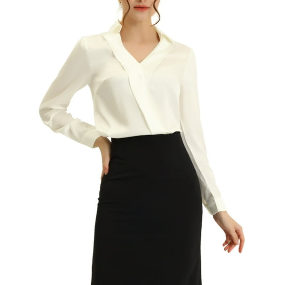 INSPIRE CHIC Women's Satin Office Blouse Elegant Point Collar V Neck Long Sleeve Work Top M Beige