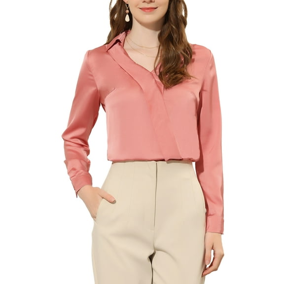 INSPIRE CHIC Women's Satin Office Blouse Elegant Point Collar V Neck Long Sleeve Work Top XS Coral Pink