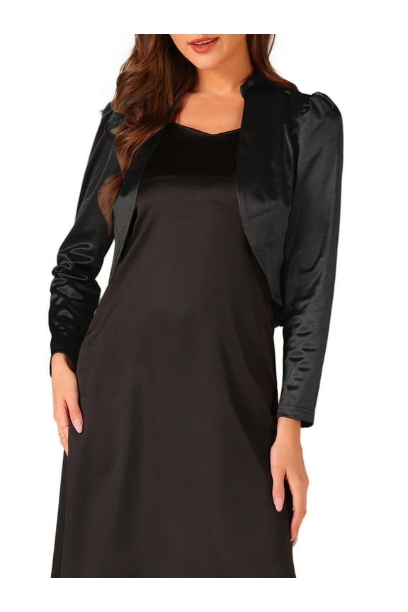 Satin Bolero Shrugs for Women's Open Front Ruched Long Sleeves Cropped Shrug L Black