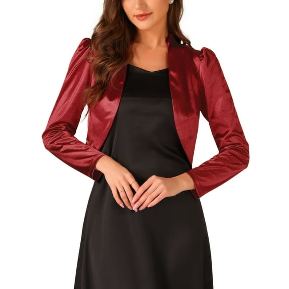 INSPIRE CHIC Satin Bolero Shrugs for Women's Open Front Ruched Long Sleeves Cropped Shrug XL Wine Red