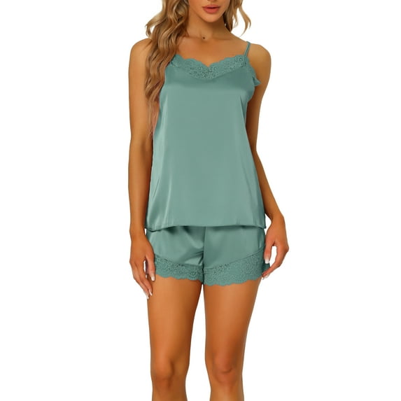 INSPIRE CHIC Women's Satin Pajama Sets Lace Trim Cami Tops with Shorts 2 Pcs Silky Lounge Sets XL Gray Green
