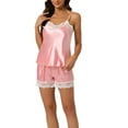 thumbnail image 1 of INSPIRE CHIC Women's Satin Pajama Sets Lace Trim Cami Tops with Shorts 2 Pcs Silky Lounge Sets XS Light Pink, 1 of 6