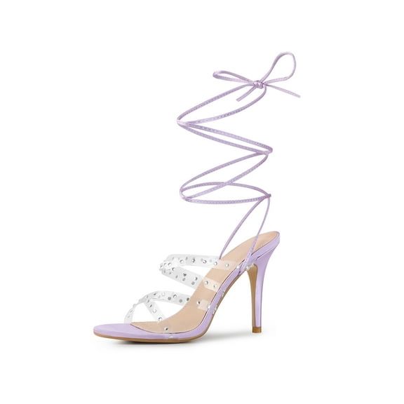 BLISSFUL STEP Women's Satin Rhinestone Clear Strap Strappy Lace Up Stiletto Heel Sandals
