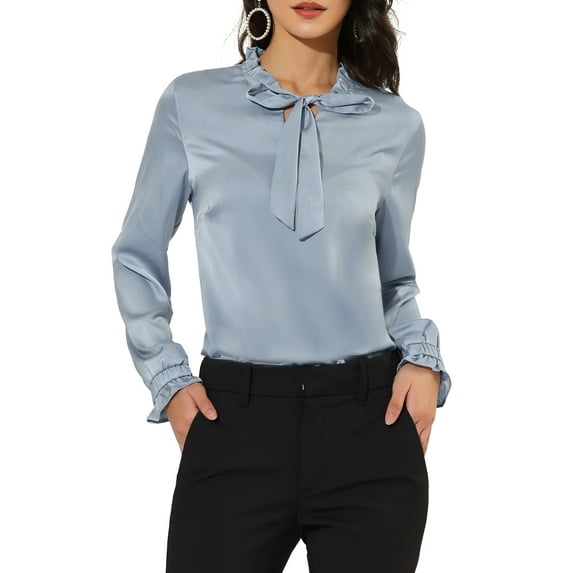 Allegra K Women's Satin Ruffle Tie Neck Long Sleeve Work Office Blouse Top