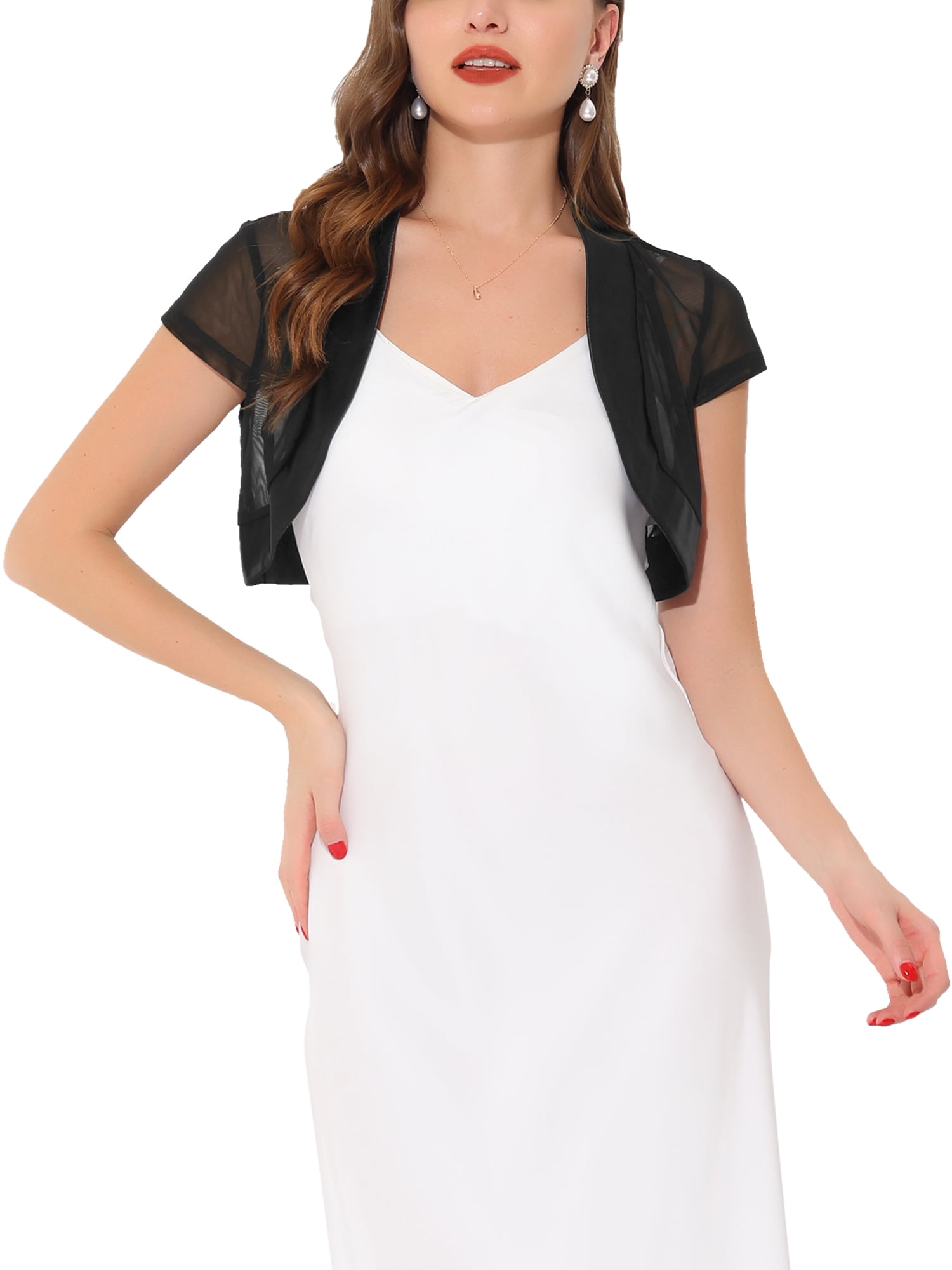 INSPIRE CHIC Women's Satin Shrug Bolero Cap Sleeve Business Mesh