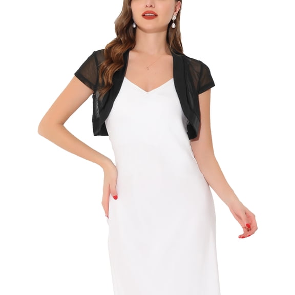 INSPIRE CHIC Women's Satin Trim Mesh Shrug Cap Sleeve Open Front Cropped Bolero Cardigan L Black