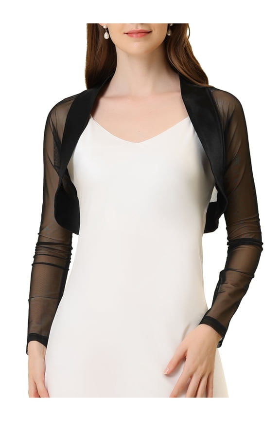 Women's Satin Shrugs for Evening Dress Open Front Mesh Cardigan Elegant Wedding Bolero M Black