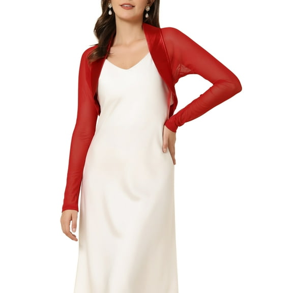 INSPIRE CHIC Women's Satin Shrugs for Evening Dress Open Front Mesh Cardigan Elegant Wedding Bolero XS Red