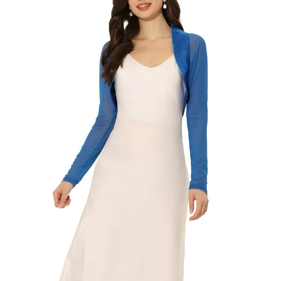 INSPIRE CHIC Women's Satin Shrugs for Evening Dress Open Front Mesh Cardigan Elegant Wedding Bolero XS Royal Blue