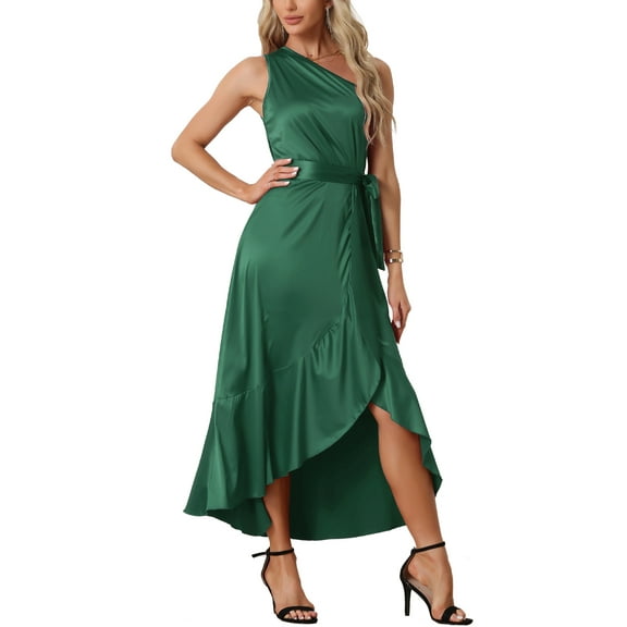 INSPIRE CHIC Women's Satin Sleeveless One Shoulder Belted Split Ruffle Evening Cocktail Dress Dark Green XS