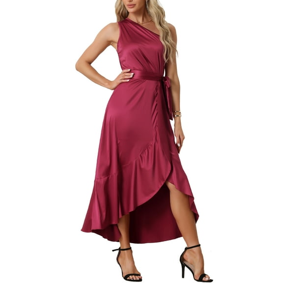 INSPIRE CHIC Women's Satin Sleeveless One Shoulder Belted Split Ruffle Evening Cocktail Dress Burgundy XL