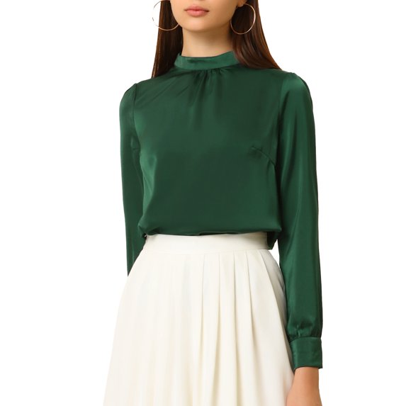 Allegra K Women's Satin Stand Collar Silky Soft Casual Work Top