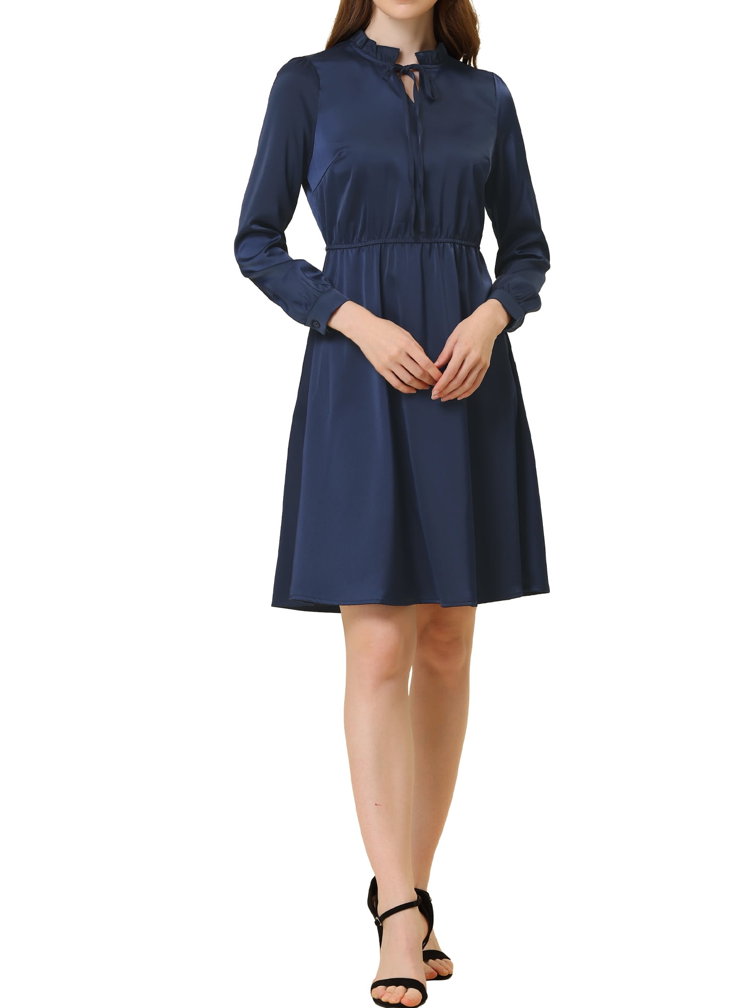 Allegra K Women's Satin Tie Neck A-Line Midi Dress, Navy Blue, Long Sleeve,  Elastic Waist - Walmart.com