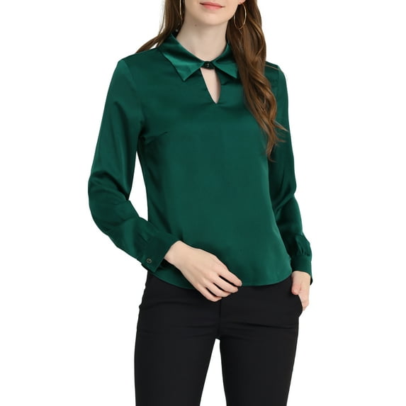 Allegra K Women's Satin Top Long Sleeves Elegant V Neck Collar Work Office Blouse