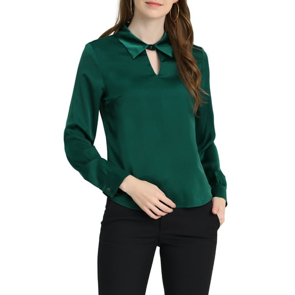 INSPIRE CHIC Women's Satin Top Long Sleeves Elegant V Neck Collar Work Office Blouse S Dark Green