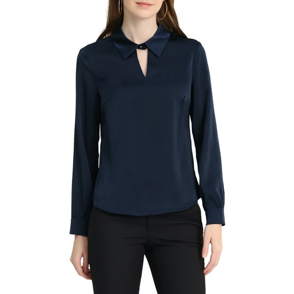 INSPIRE CHIC Women's Satin Top Long Sleeves Elegant V Neck Collar Work Office Blouse XL Navy Blue