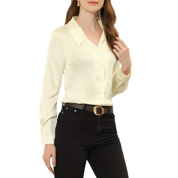 Allegra K Women's Satin Top Turn Down Collar V Neck Long Sleeve Button Down Shirt Blouse