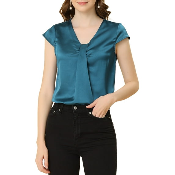 INSPIRE CHIC Women's Satin V Neck Cap Sleeve Lightweight Elegant Work Office Blouse Blue L