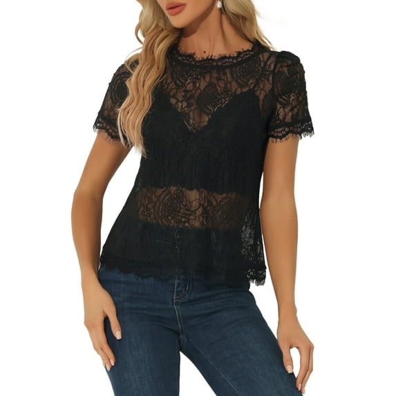 INSPIRE CHIC Valentine's Day Women's Scalloped Trim Semi Sheer Floral Lace Top L Blacks