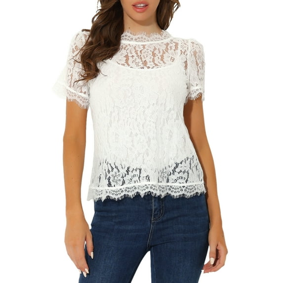 INSPIRE CHIC Valentine's Day Women's Scalloped Trim Semi Sheer Floral Lace Top L White