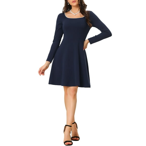 INSPIRE CHIC Women's Scoop Neck Beaded Long Sleeve High Waist Elegant Fla Wear to Work Dress