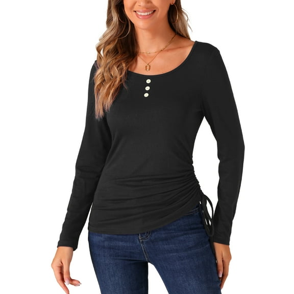 INSPIRE CHIC Women's Scoop Neck Blouse Button Stretch Ruched Drawstring Top