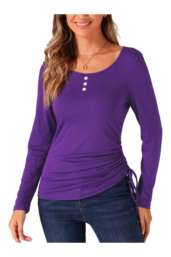 Women's Scoop Neck Blouse Button Stretch Ruched Drawstring Top