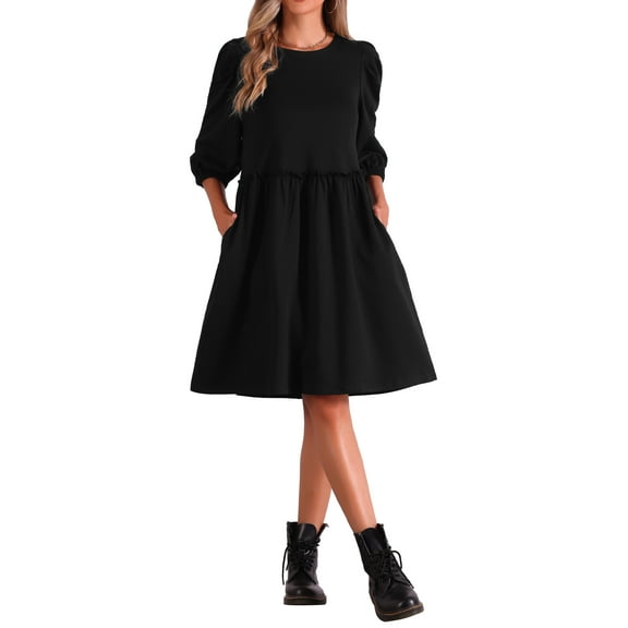 INSPIRE CHIC Women's Scoop Neck Pocket Puff Sleeves Smocked Casual Dress XS Black