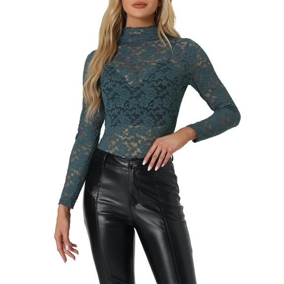 INSPIRE CHIC Women's See Through Top Long Sleeve Turtleneck Sheer Floral Lace Blouse S Grey Blue