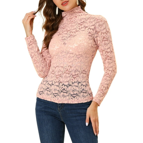 INSPIRE CHIC Valentine's Day Women's See Through Long Sleeve Turtleneck Sheer Floral Lace Blouse Top XL Pink