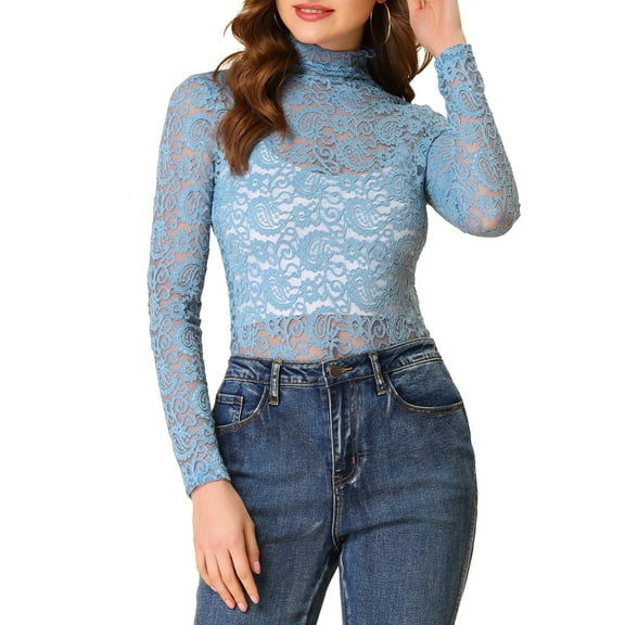 INSPIRE CHIC Valentine's Day Women's See Through Long Sleeve Turtleneck Sheer Floral Lace Blouse Top XS Dusty Blue