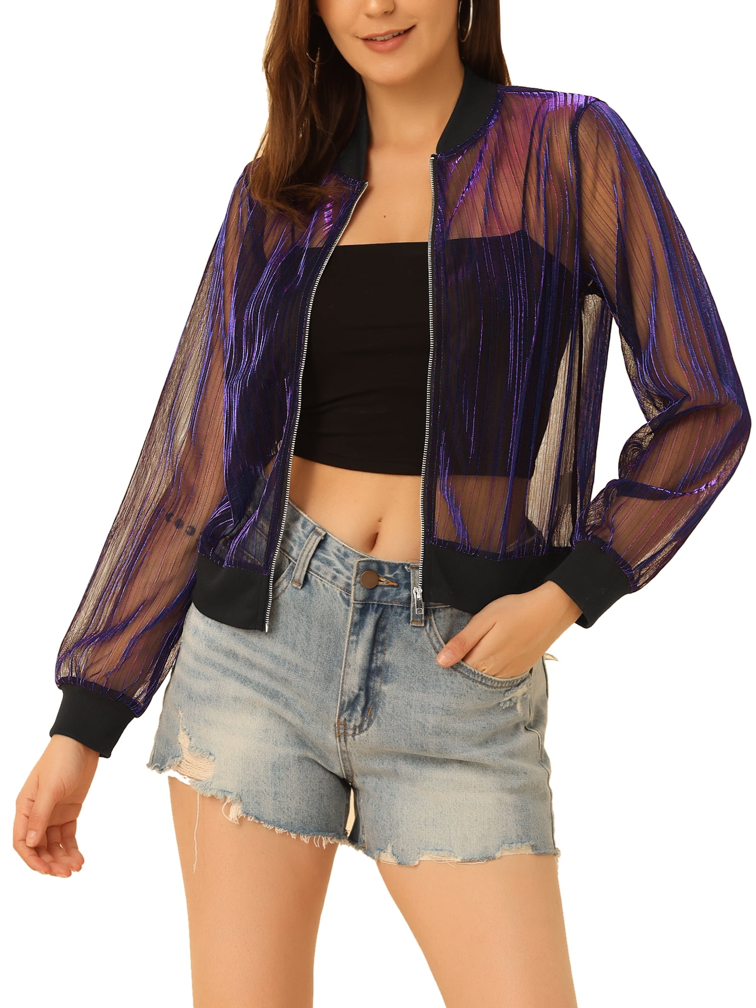 INSPIRE CHIC Bomber Jacket for Women's Sheer Mesh Glitter