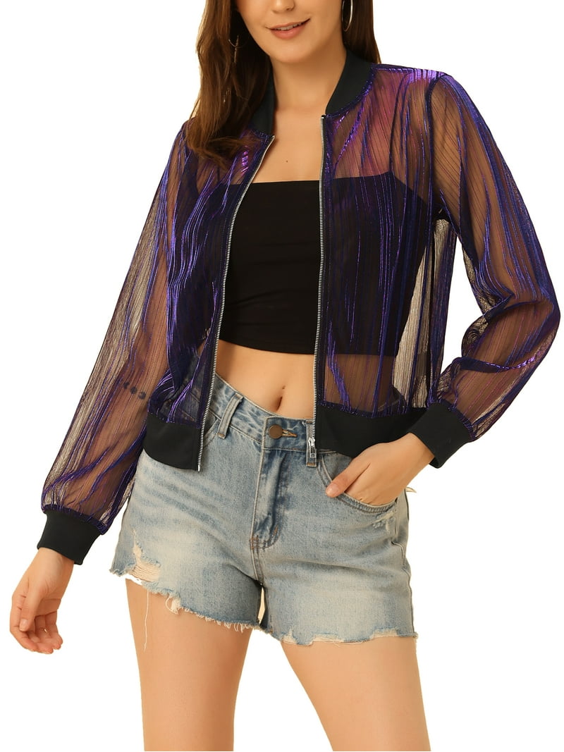 INSPIRE CHICBomber Jacket for Women's Sheer Mesh Glitter Shiny