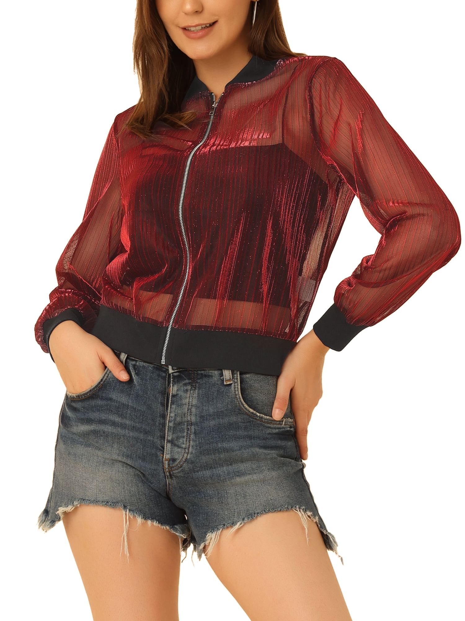 ジャケット PISCESS : 25SS / Sheer Shirring Light Jacket (2colors) Bomber Jacket for Women's Sheer Mesh Glitter Shiny Long