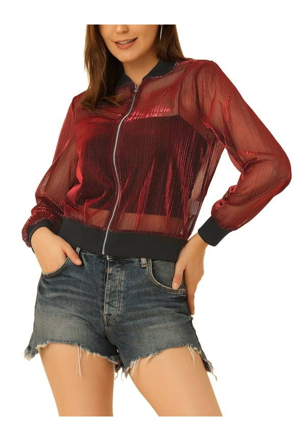 Bomber Jacket for Women's Sheer Mesh Glitter Shiny Long Sleeve Zip Up Jackets L Red