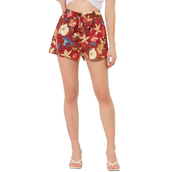 DARING DIVA Women's Self Bow Tie Elastic High Waist Summer Beach Culottes Shorts S Red-Floral