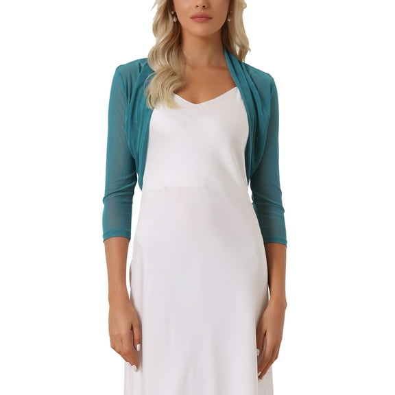 INSPIRE CHIC Women's Semi Sheer Tops Elegant 3/4 Sleeves Cardigan Bolero Shrug 3XL Blue