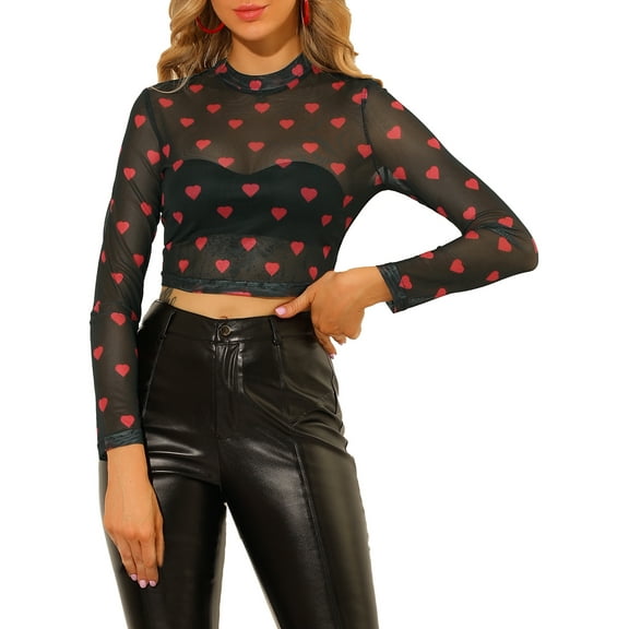 INSPIRE CHIC Valentine's Day Women's Crop Top Semi-Sheer Mesh Long Sleeve Crew Neck Blouse L Black